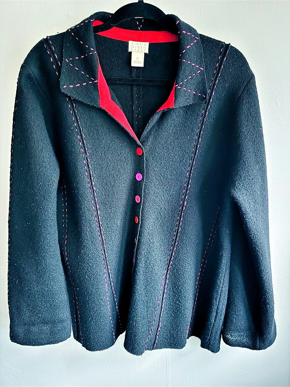 Sigrid Olsen Wool Contrast Stitch Jacket in Black XL